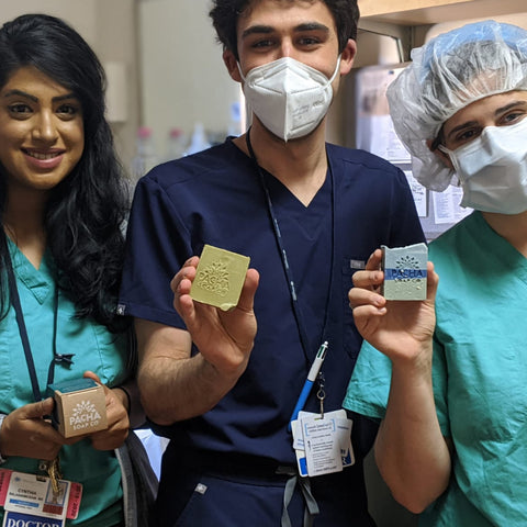 Hospital Staff Holding Donated Pacha Soap Co. Bar Soaps