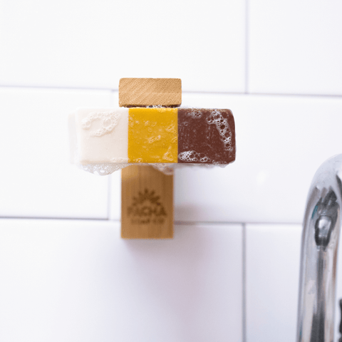 Image of bar soap on a Bamboo Magnetic Soap Holder